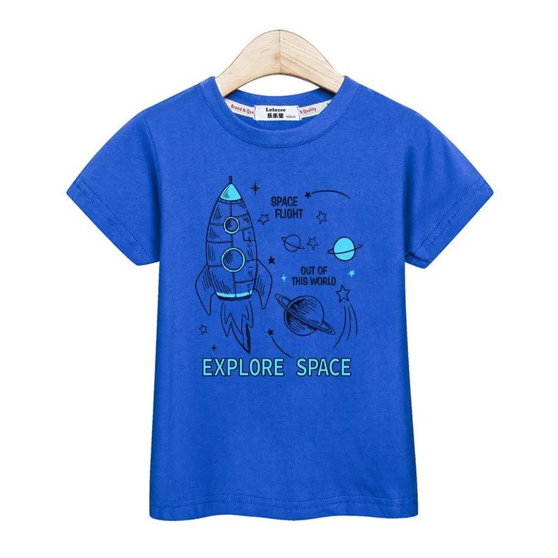 2024 New Spaceship T-shirt Baby Boys Short Sleeved Tops Children Summer Cartoon Shirt 3-14T