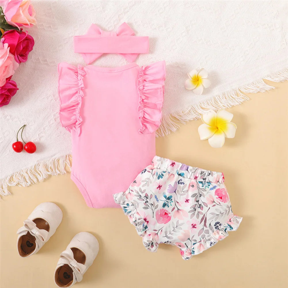 0-18Months Newborn Baby Girl Clothes Mommy's Girl Print Sleeveless Romper Top+Flowers Shorts+Headband Summer Lovely 3PCS Outfit