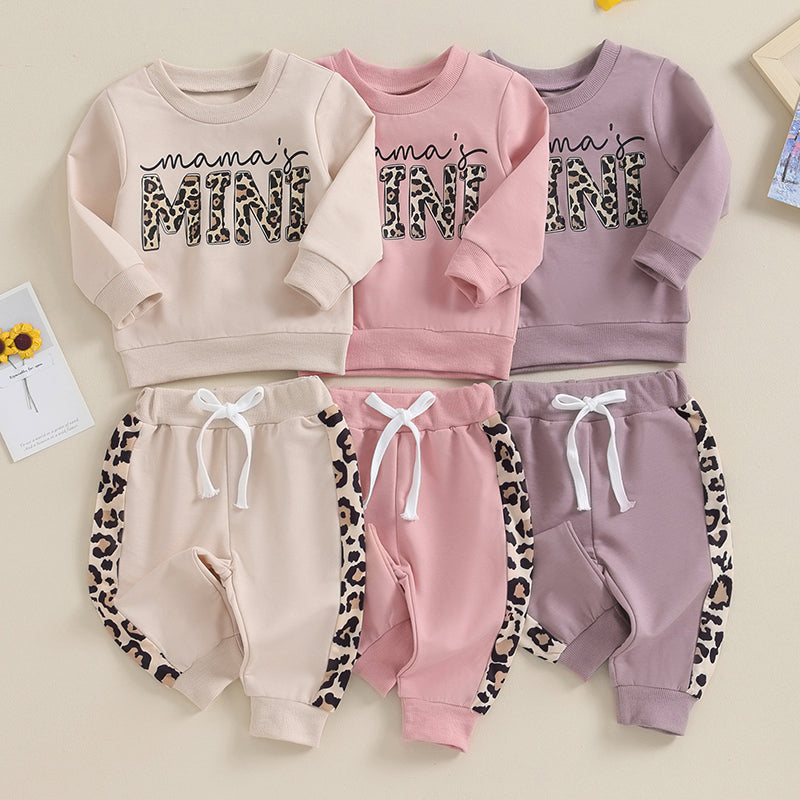 2 Pcs Toddler Baby Girl Spring Fall Clothes Letter/ Leopard Print Long Sleeve Pullover Tops Pocket Pants Casual Outfit