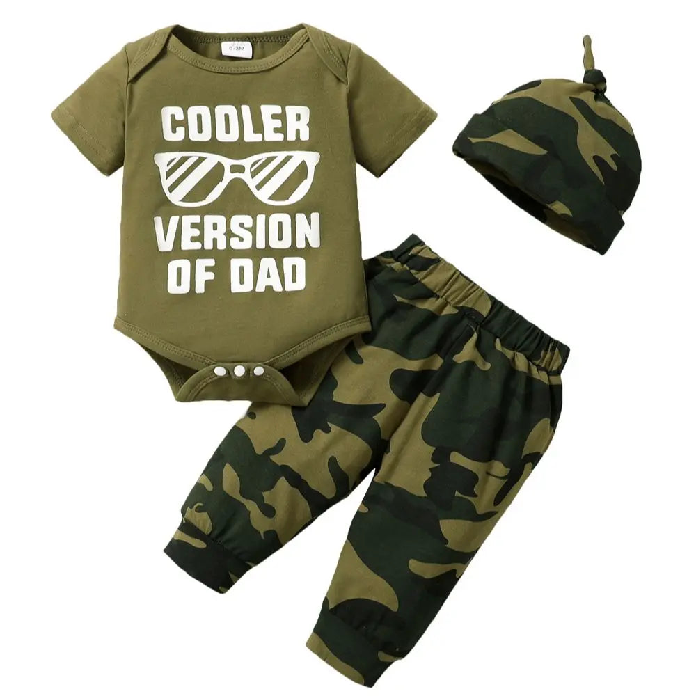 0-18 Months Newborn Baby Boy 3PCS Clothes Set Letters Print Short Sleeve Romper + Camouflage Pants with Hat Casual Outfit