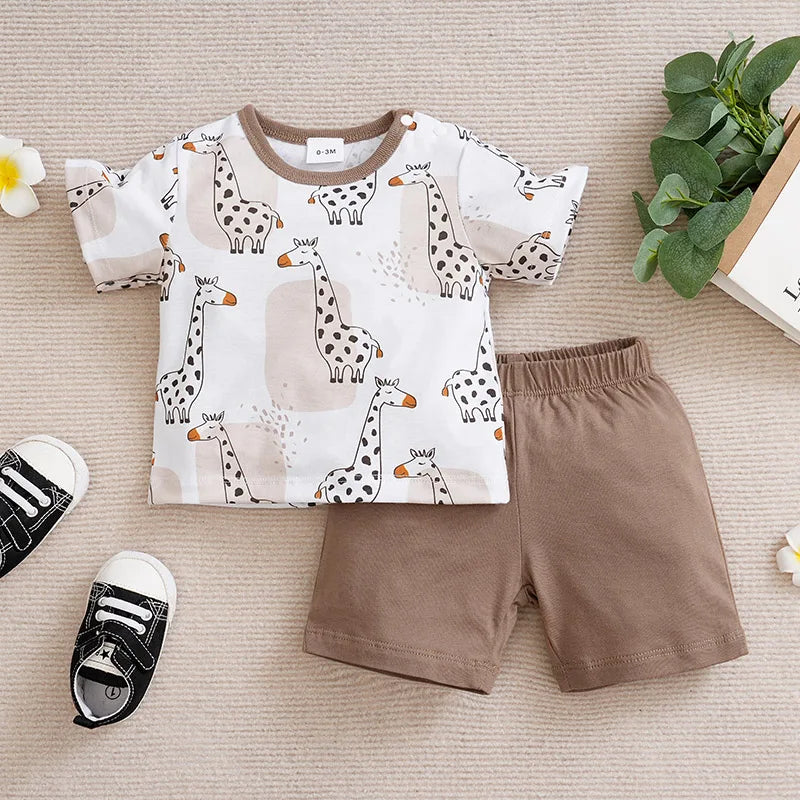 Newborn Clothing Cute Cartoon Animal Print Comfortable And Soft Boy/Girl Summer Short Sleeved Baby T-Shirt+Pants Two-Piece Set