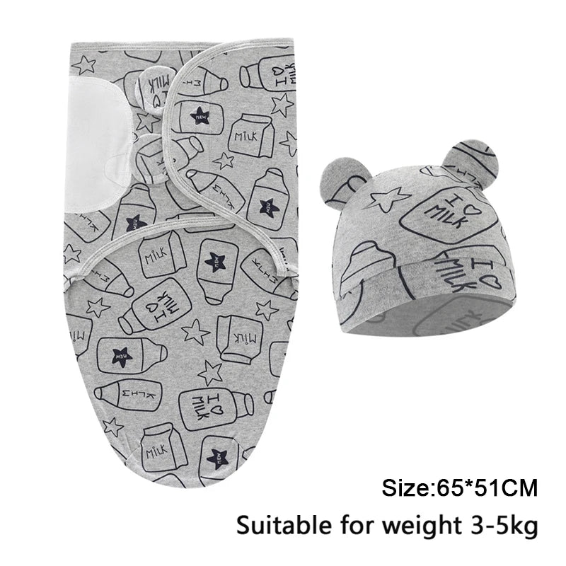 Baby Blanket Hat Set Cartoon Printed Cotton Newborn Swaddle Adjustable Infant Sleeping Swaddle Wraps All Seasons 0-6 Months