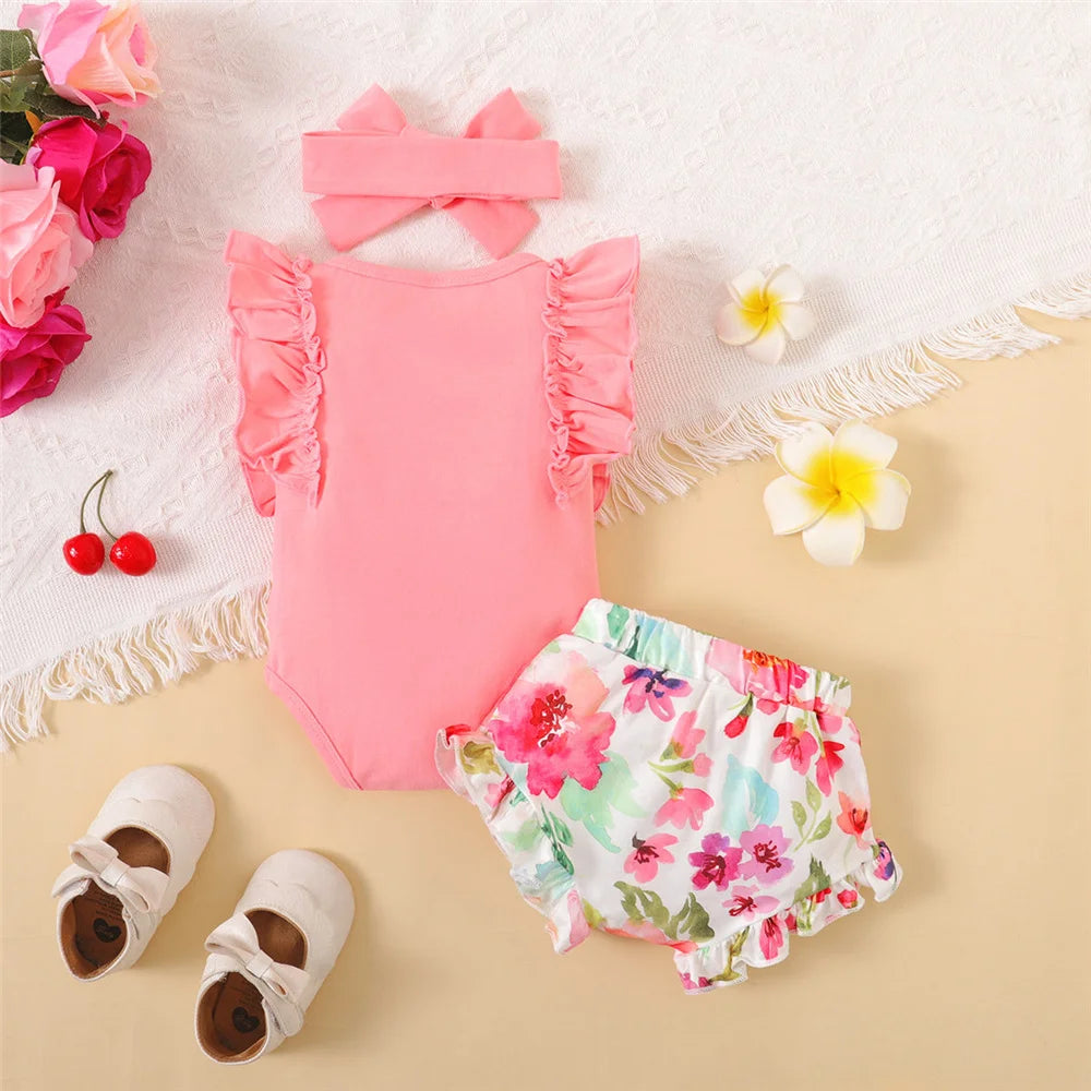 0-18Months Newborn Baby Girl Clothes Mommy's Girl Print Sleeveless Romper Top+Flowers Shorts+Headband Summer Lovely 3PCS Outfit