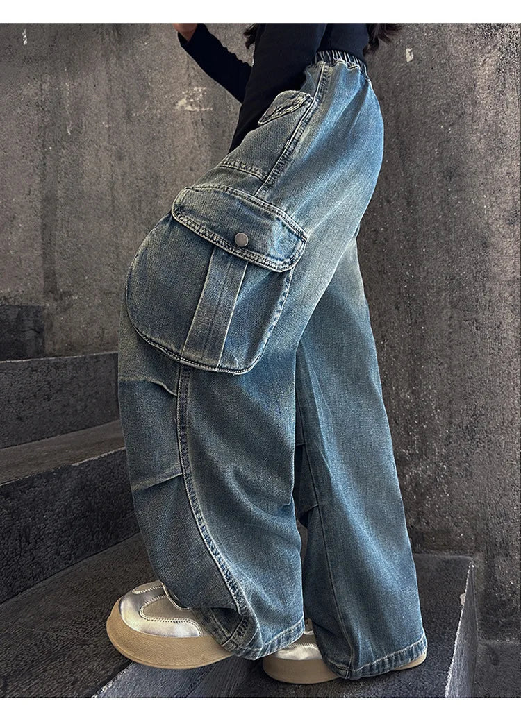 2025 Teenage Girls Jeans with Big Pocket Four Seasons High Waist Fashion Blue Cargo Denim Pants 2024 Hot Sale Wide Leg Trousers