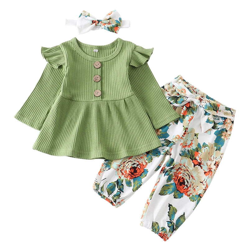 3Pcs Autumn Baby Girl Clothes Sets Infant Newborn Long Sleeve Tops Floral Print Pants Headband Solid Clothing Outfit 0 3-24M