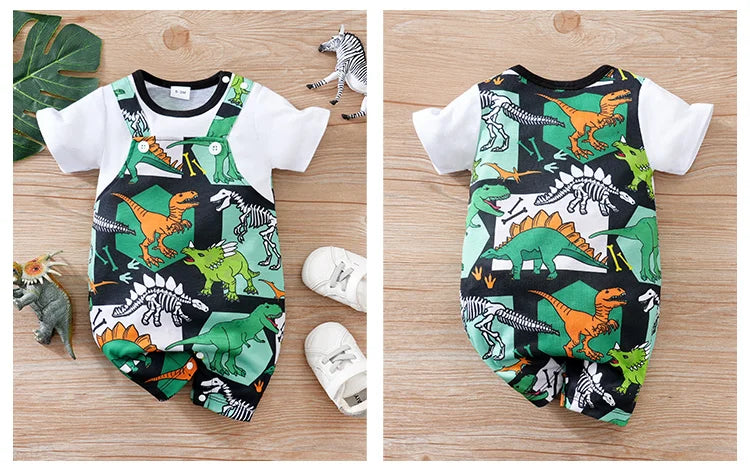 Newborn Clothing Handsome Cartoon Dinosaur False Strap Full Print Soft Summer Boys And Girls 0-18 Short Sleeve Baby Bodysuit