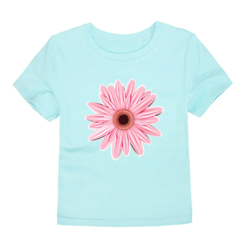 100% Cotton Toddler Girl T Shirt 2 to 3 4 5 6 7 8 9 10 11 12 13 14 Years Pink White Tshirt Flower Print Teenage Girls Tee Shirts