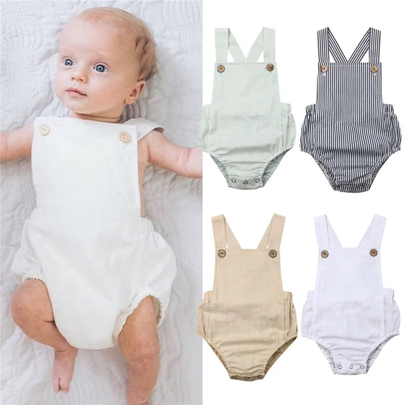 0-36months Newborn Bodysuits Summer Ruffles Playsuit For Baby Girl Solid White Beige Button Backless Infant Boy Sunsuit Playsuit