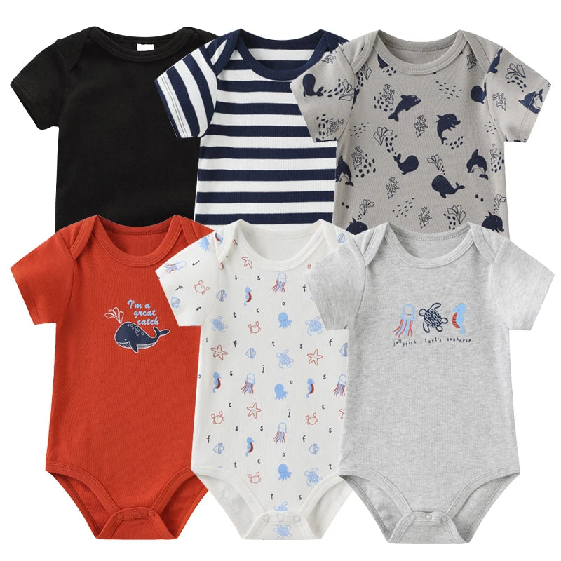 6Pieces Newborn Cotton Baby Boy Clothes Set Solid Color Sleeveless Baby Girl Clothes 0-12M Cartoon Print Bodysuits Summer Bebes