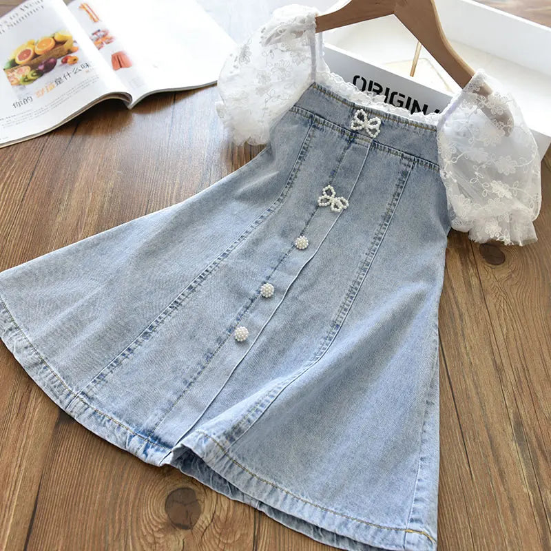 Children Girls Beads Lace Sleeve Denim  Dress Toddler  Fashion   Summer Dresses