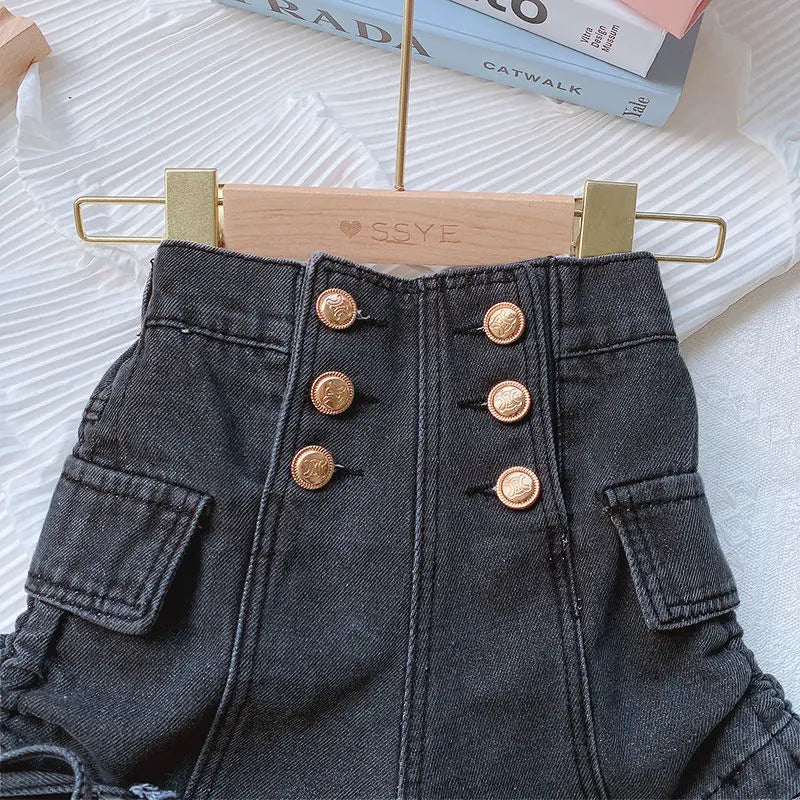 2024 Summer Girls Fashion Jeans Shorts with Buttons Baby Kids Children Casual Denim Hot Shorts