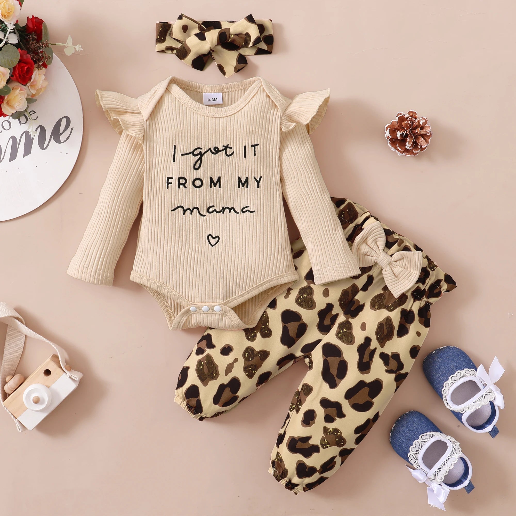 0-18 Months Newborn Baby Girl Clothes Set Long Sleeve Bodysuit+Leopard Pants+Headband 3PCS Fashion Autumn Outfits Toddler Girl