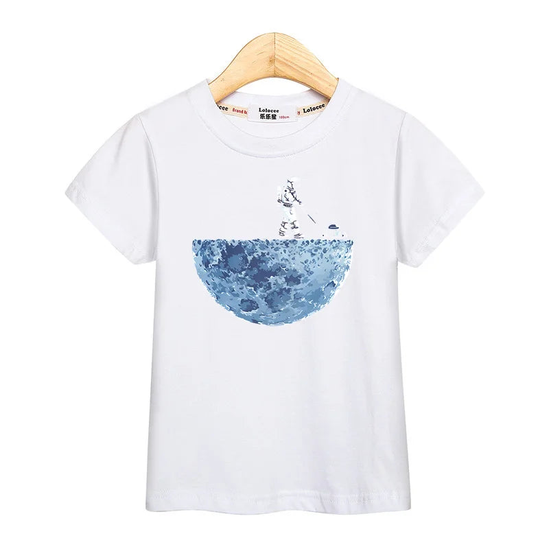 Astronaut New Cartoon T-shirt Boys Summer Shirt Children Short Sleeved Tops Spaceman Clothes 3-14T