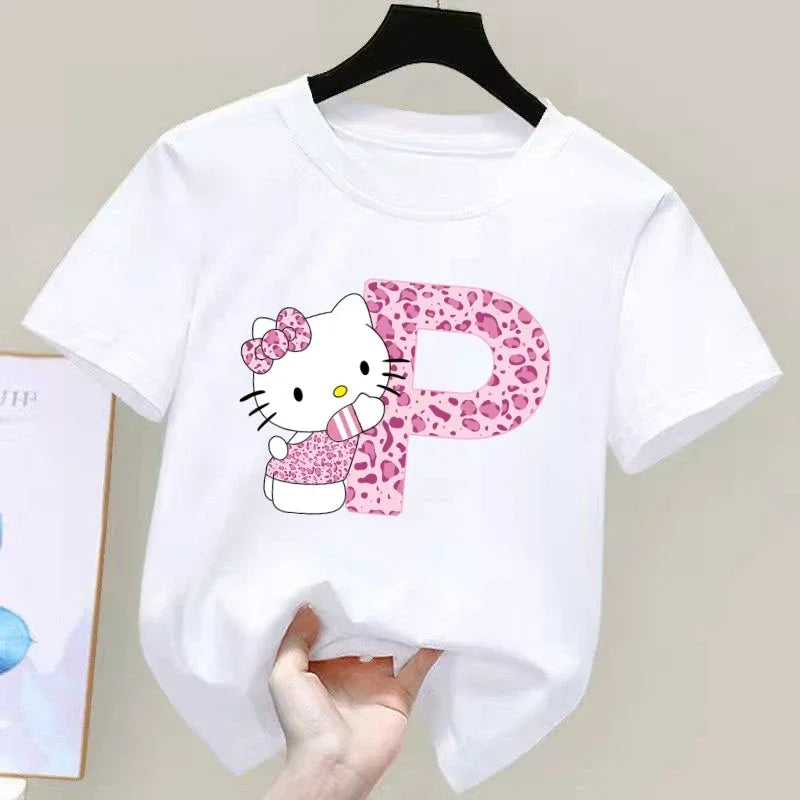 Hello Kitty Letter A-Z Children's Cotton Short-sleeved Top Sanrio Summer T-shirt Girly Heart Soft Clothes Kawaii Birthday Gift