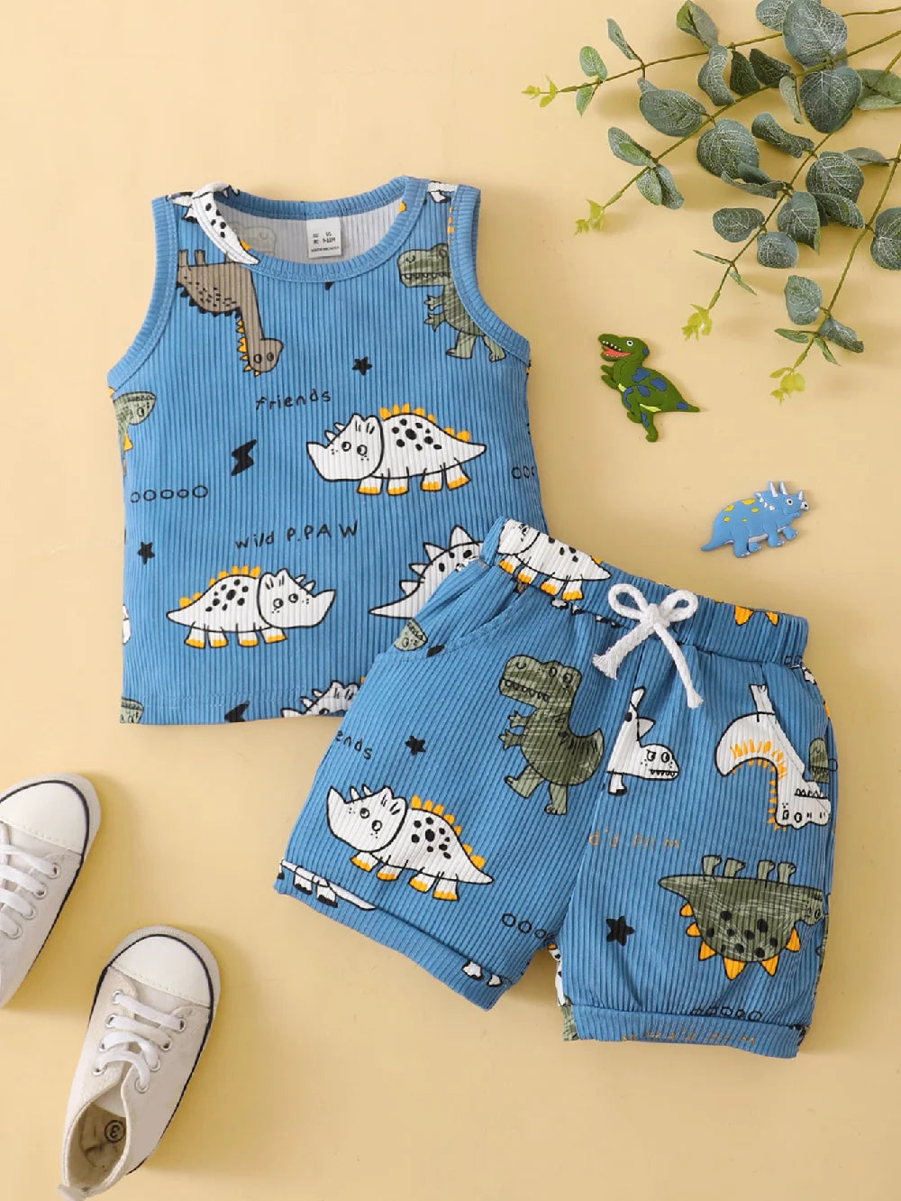 0-3 Years Toddler Baby Boy 2PCS Clothes Set Cartoon Dinosaur Blue Sleeveless Shirt+ Shorts Cute Style Soft Summer Daily Wear