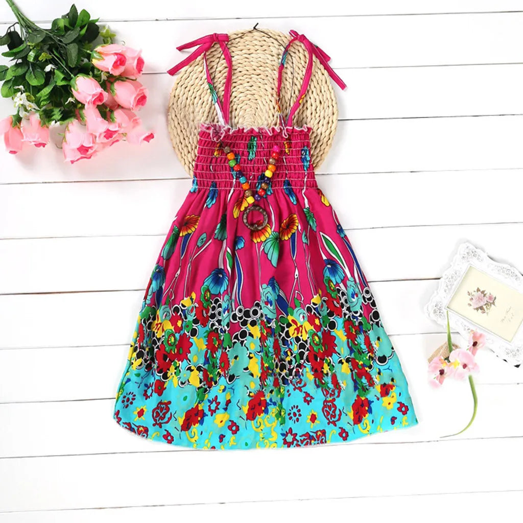 2024 Summer Dress Infant Kids Girls Baby Clothes Vestidos Floral Bohemian Beach Straps Dress  детская одежда Ropa Para NiñAs