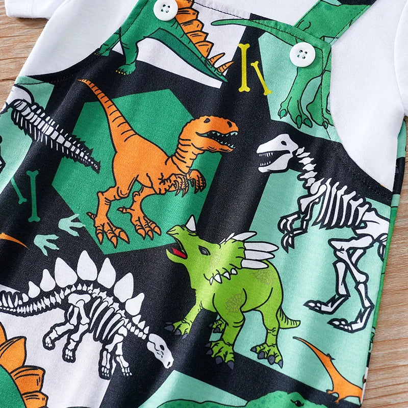 Newborn Clothing Handsome Cartoon Dinosaur False Strap Full Print Soft Summer Boys And Girls 0-18 Short Sleeve Baby Bodysuit