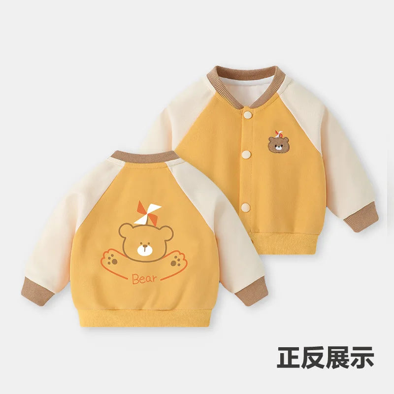 Spring Autumn Children Boy Baseball Uniform Cotton Bear Dinosaur Baby Boy Jackets V-collar Spliced Raglan Sleeve Infant Boy Coat