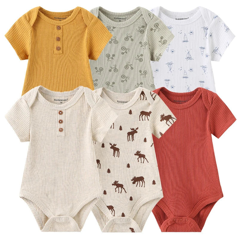 6Pieces Newborn Cotton Baby Boy Clothes Set Solid Color Sleeveless Baby Girl Clothes 0-12M Cartoon Print Bodysuits Summer Bebes