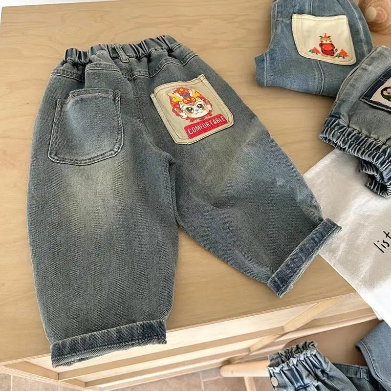 2025 Spring Autumn Kid Boys Denim Pants Side Pocket Polished White Children Boys Pants Elastic Waist Casual Baby Boys Trousers