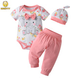 Summer Newborn Baby Girl Cute Clothes Set Elephant Printed Short Sleeve Romper Top with Bow and Long Pants with Hat 3PCS Outfit