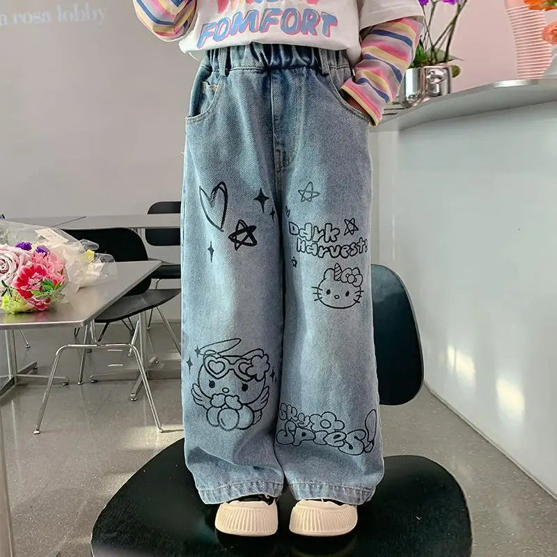 Cartoon Kuromi Girls Wide Leg Jeans Spring  Autumn Cute Elastic waist Versatile Straight Tube kids Childrens Wear Spring Pants