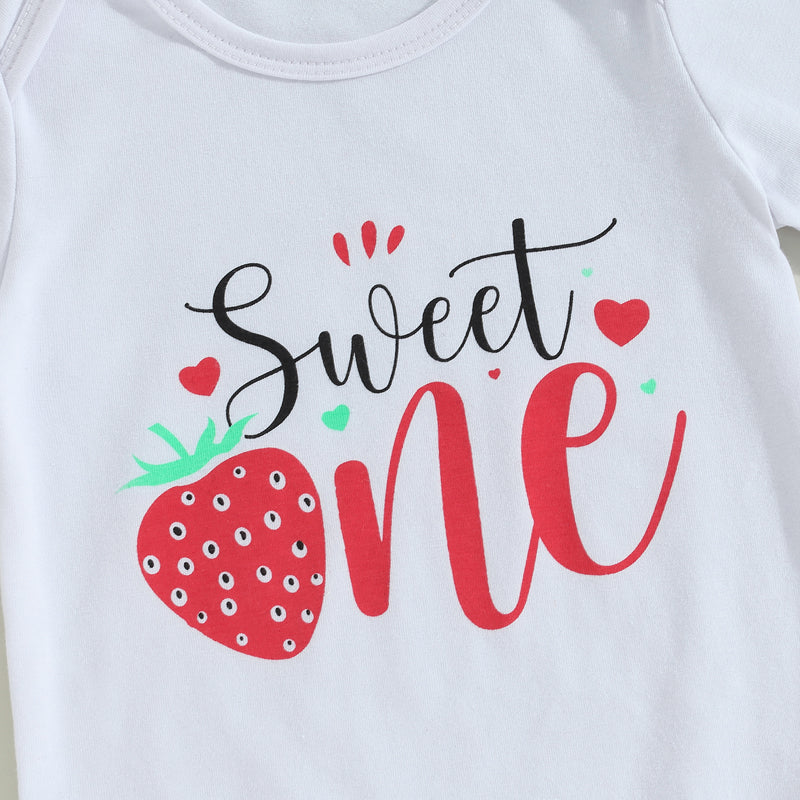 3Pcs Baby Girls Clothes Summer Suit Letter Print Short Sleeve Crew Neck Rompers Strawberry Print Flare Pants Headband Set