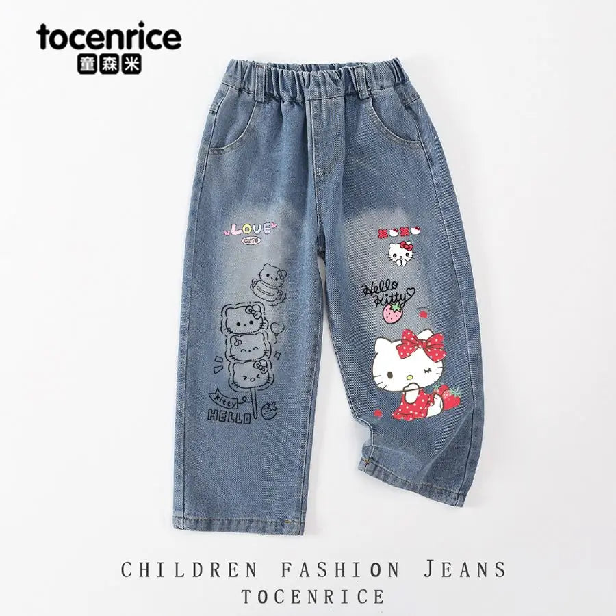 Cinnamoroll Kawaii Girl Jeans Pants Kuromi Hello Kitty Kids Anime Sanrios Cartoon Fashion Straight Elastic Waist Casual Jeans