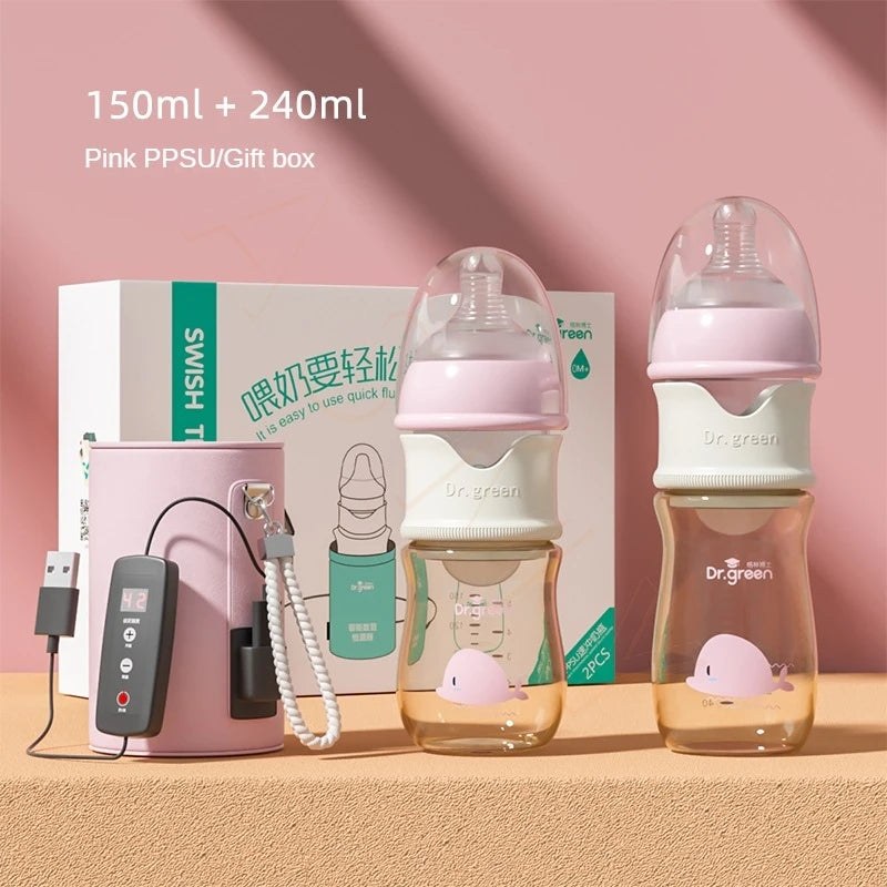 Dr.Green Smart Thermostat Newborn Baby Bottle PPSU 150+240 Combination set Sealed isolation Fast milk filling Removable/Washable