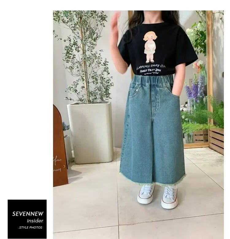 Girls' Jeans Spring And Summer New Style Children's Straight-leg Medium And Large Children's Wide-leg Spring Loose Trousers