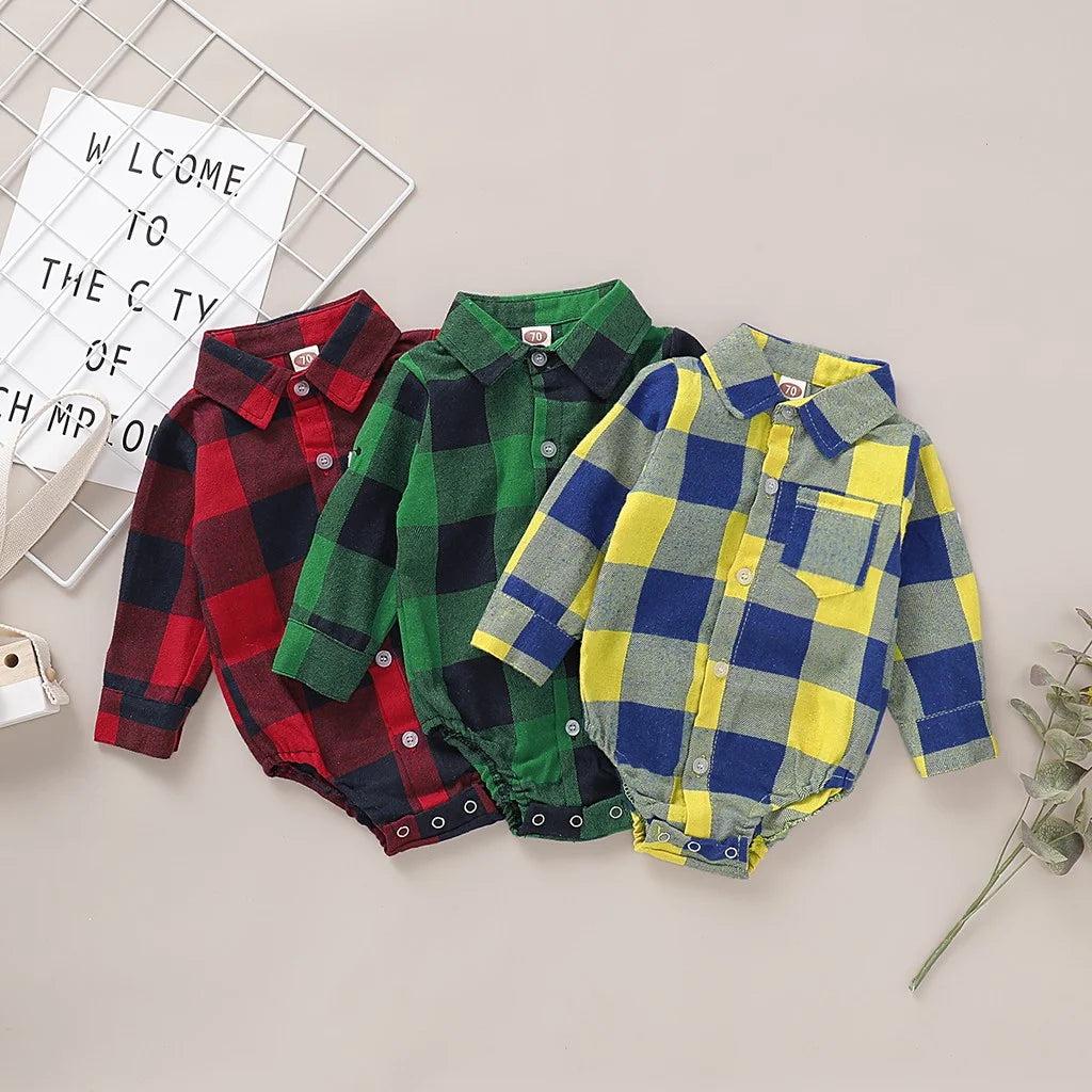 0-18 Months Newborn Baby Boy Bodysuit Plaid Long Sleeved Lapel Shirt Romper Gentleman Jumpsuit Fashion Wear for Toddler Boy