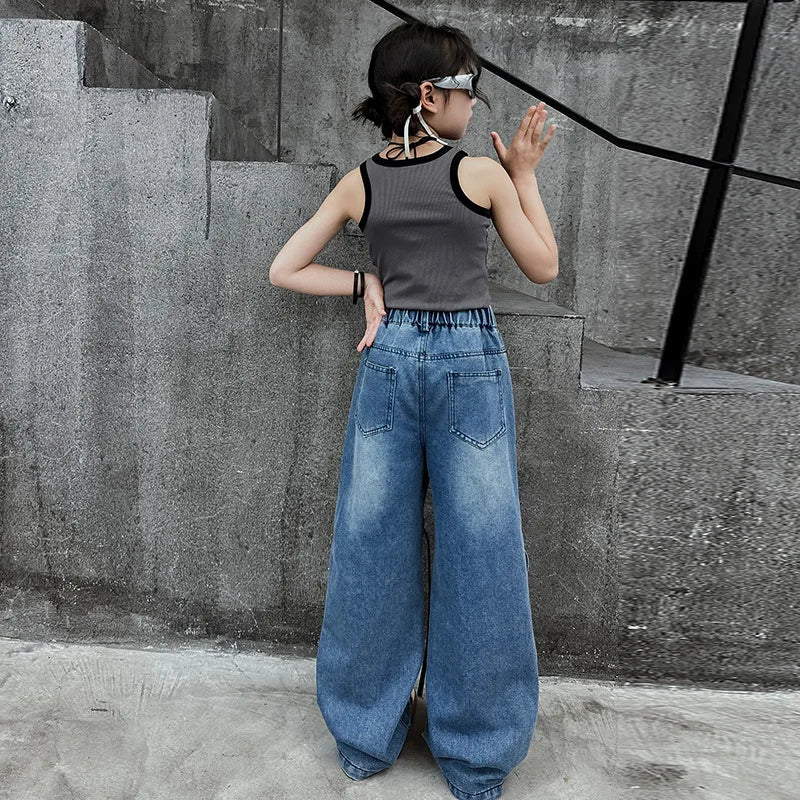 Girls Ripped Jeans Summer New Children's Loose Wide-leg Pants Kids Clothes Teenager Girl Fashion Heart Hollow Out Denim Trousers