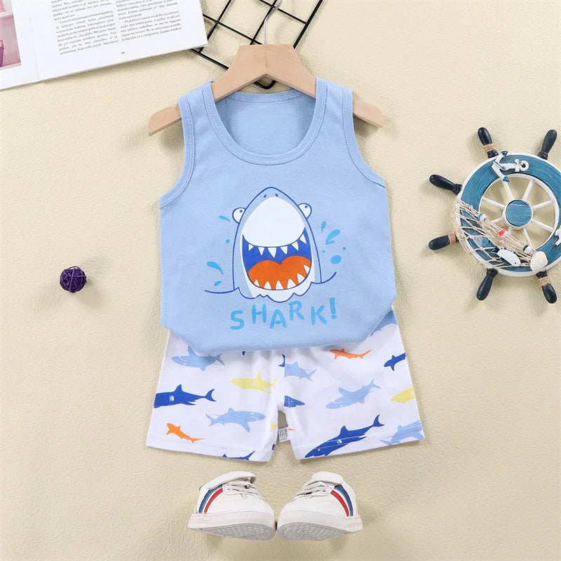 Vest+Shorts 2-Piece Clothing Set Cartoon Lion Pajamas Summer Kids Baby Boys Girls Cotton Casual Tracksuit Clothes Suit 1-6 Years