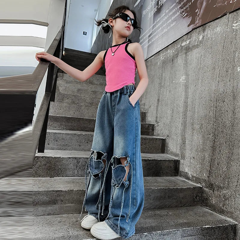 Girls Ripped Jeans Summer New Children's Loose Wide-leg Pants Kids Clothes Teenager Girl Fashion Heart Hollow Out Denim Trousers