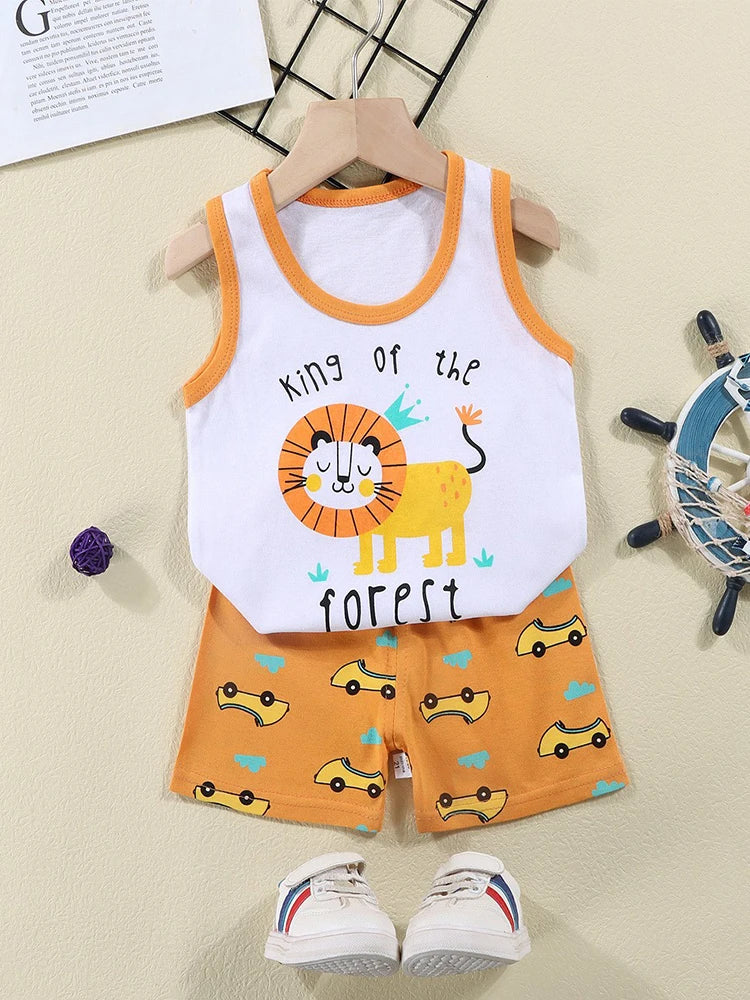 Vest+Shorts 2-Piece Clothing Set Cartoon Lion Pajamas Summer Kids Baby Boys Girls Cotton Casual Tracksuit Clothes Suit 1-6 Years