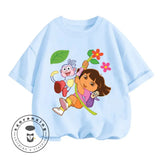 Fun Boys Girls Fashion T-shirt Dora Animated Cartoon Printed Kids T-shirt Hip Hop Boys Clothes White Short Sleeve Shirt Top