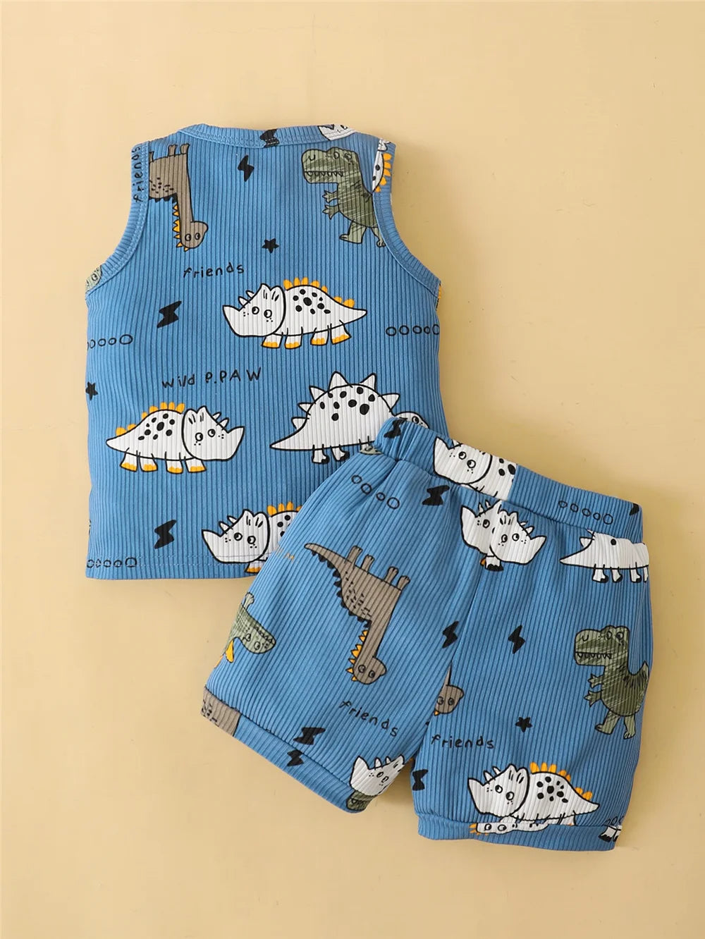 0-3 Years Toddler Baby Boy 2PCS Clothes Set Cartoon Dinosaur Blue Sleeveless Shirt+ Shorts Cute Style Soft Summer Daily Wear