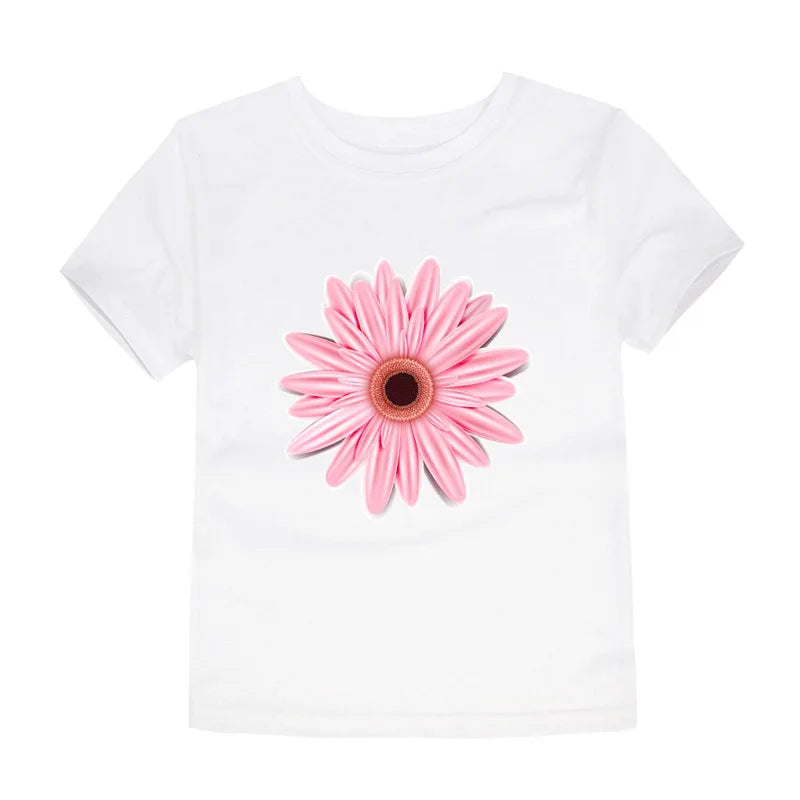 100% Cotton Toddler Girl T Shirt 2 to 3 4 5 6 7 8 9 10 11 12 13 14 Years Pink White Tshirt Flower Print Teenage Girls Tee Shirts