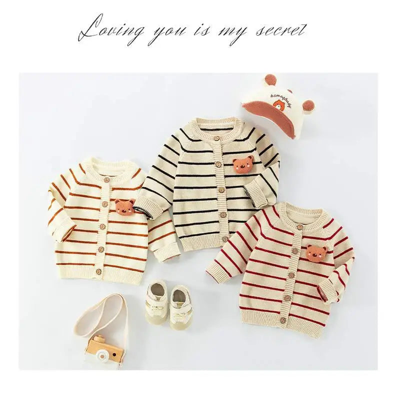 Spring Autumn 0-3 Years Baby Boys Sweater Striped 3D Bear Single Breasted Newborn Boys Knitwear Elastic Hem Infant Boys Knitwear