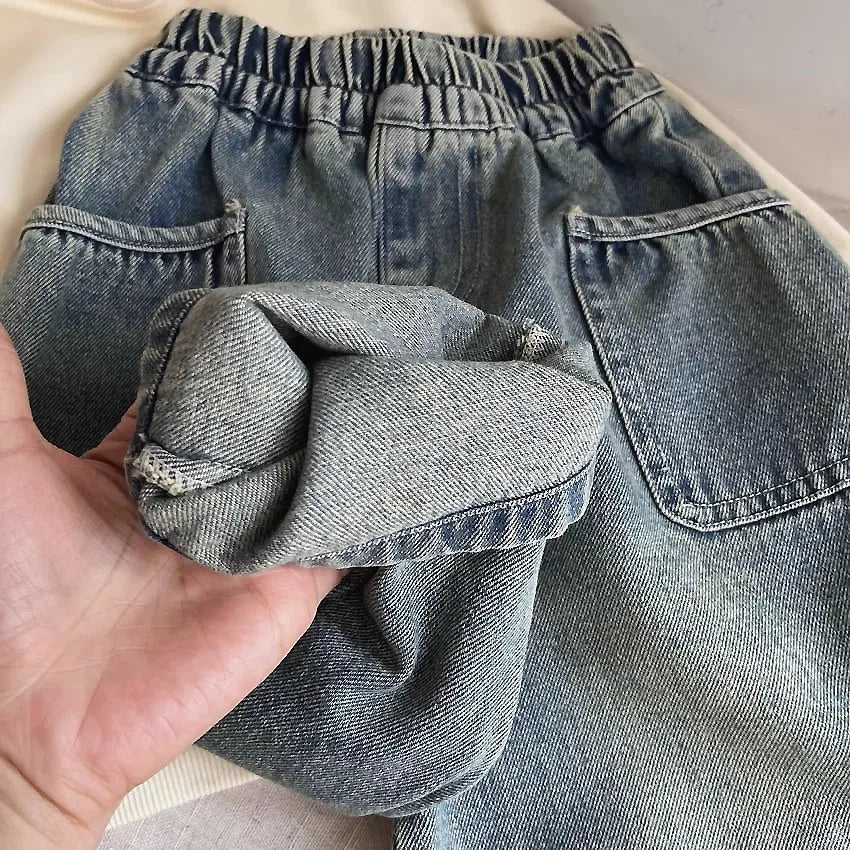 2025 Spring Autumn Kid Boys Denim Pants Side Pocket Polished White Children Boys Pants Elastic Waist Casual Baby Boys Trousers