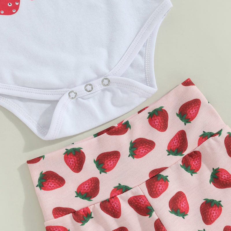 3Pcs Baby Girls Clothes Summer Suit Letter Print Short Sleeve Crew Neck Rompers Strawberry Print Flare Pants Headband Set