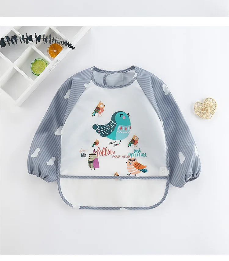 Baby Bibs Cute Colorful Cartoon Waterproof Bib Infant Eating Children Drawing Long Sleeve Pocket Apron Self Feeding Baby 0-3Y