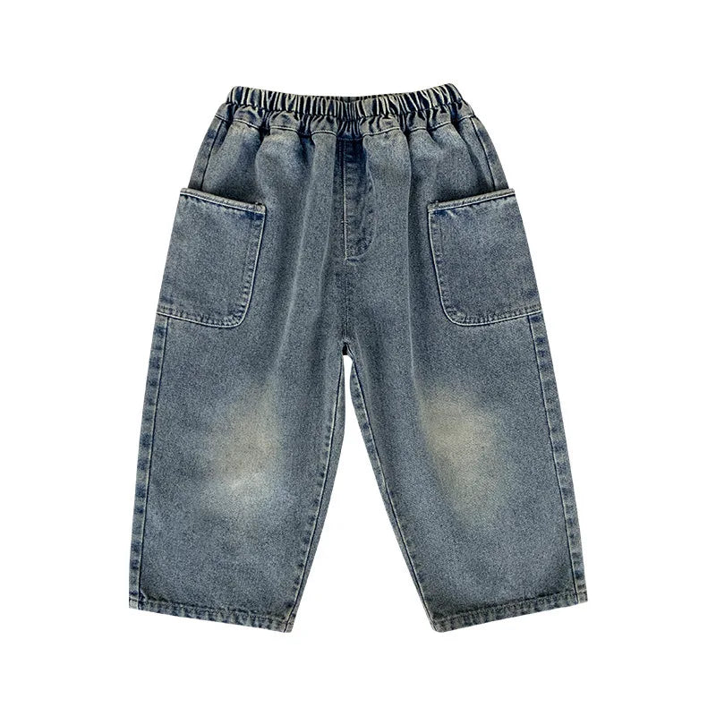 2025 Spring Autumn Kid Boys Denim Pants Side Pocket Polished White Children Boys Pants Elastic Waist Casual Baby Boys Trousers