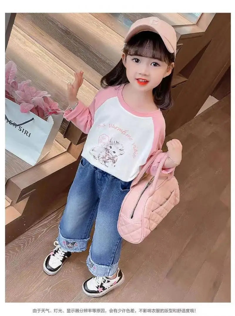 Cartoon Kuromi Girls Wide Leg Jeans Spring  Autumn Cute Elastic waist Versatile Straight Tube kids Childrens Wear Spring Pants