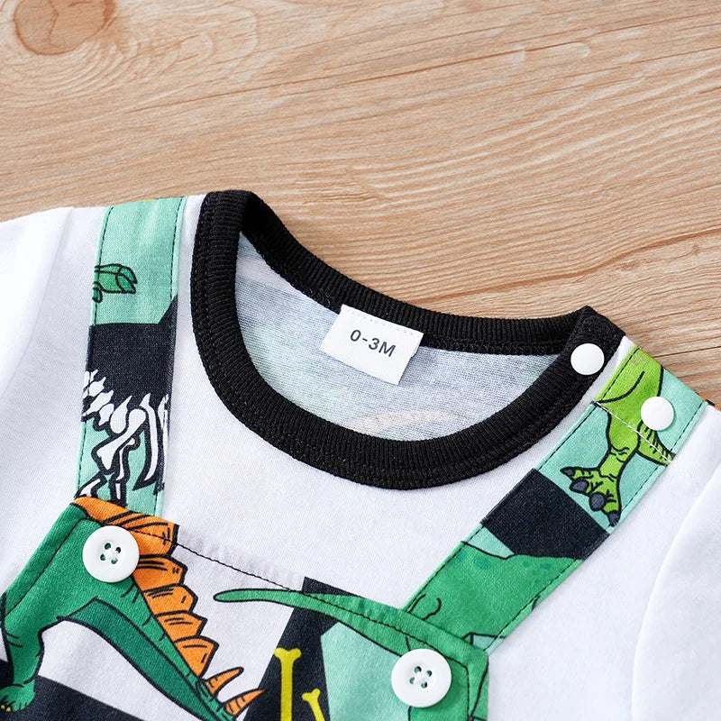 Newborn Clothing Handsome Cartoon Dinosaur False Strap Full Print Soft Summer Boys And Girls 0-18 Short Sleeve Baby Bodysuit