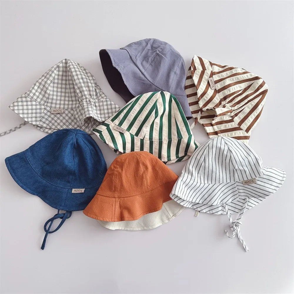 New Boy Children Striped Lacing Fisherman's Cap Girl Baby Solid Casual Sunscreen Hat Infant Cotton Caps Kid Windproof Basin Hats