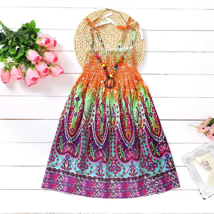 2024 Summer Dress Infant Kids Girls Baby Clothes Vestidos Floral Bohemian Beach Straps Dress  детская одежда Ropa Para NiñAs