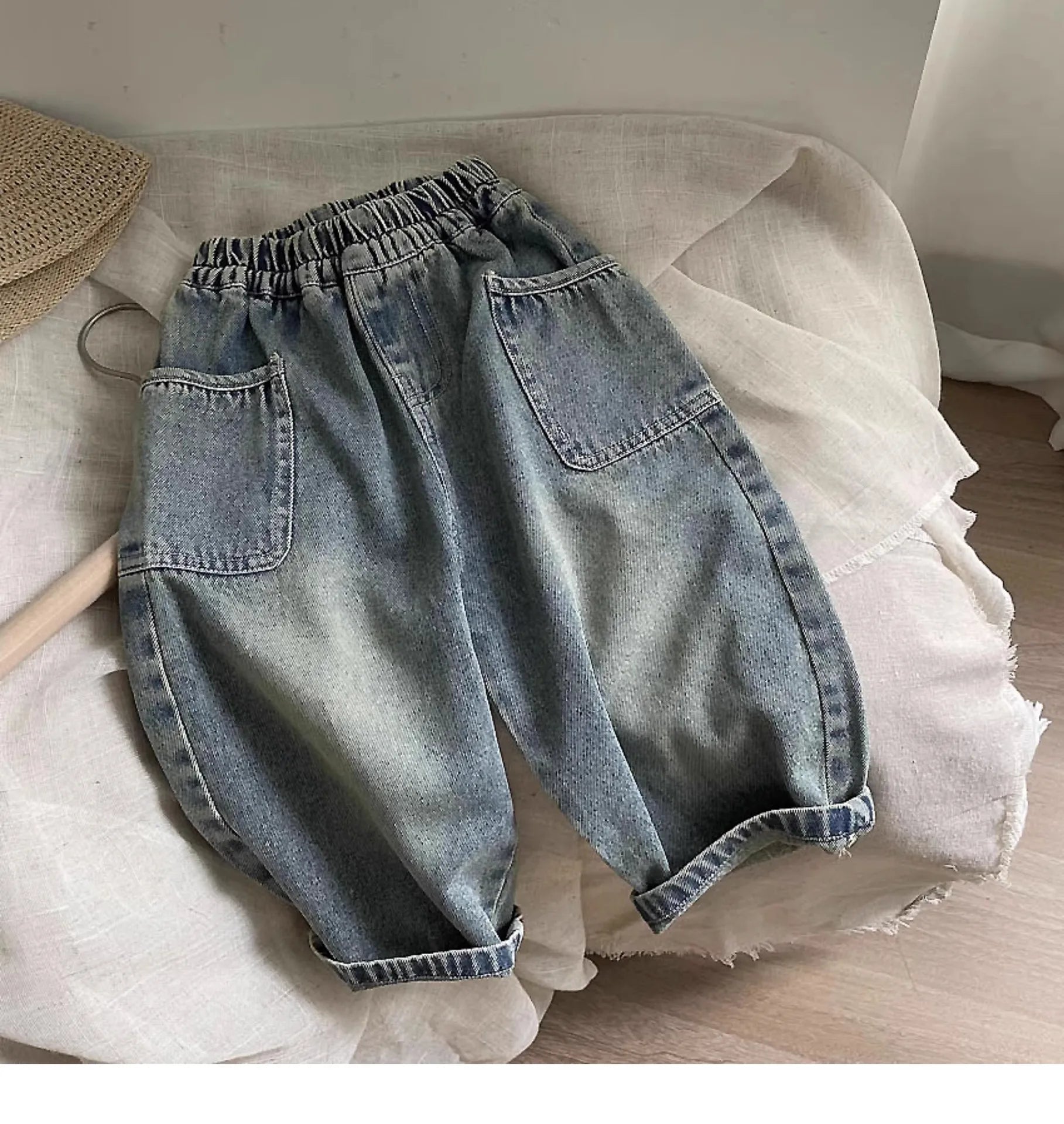 2025 Spring Autumn Kid Boys Denim Pants Side Pocket Polished White Children Boys Pants Elastic Waist Casual Baby Boys Trousers