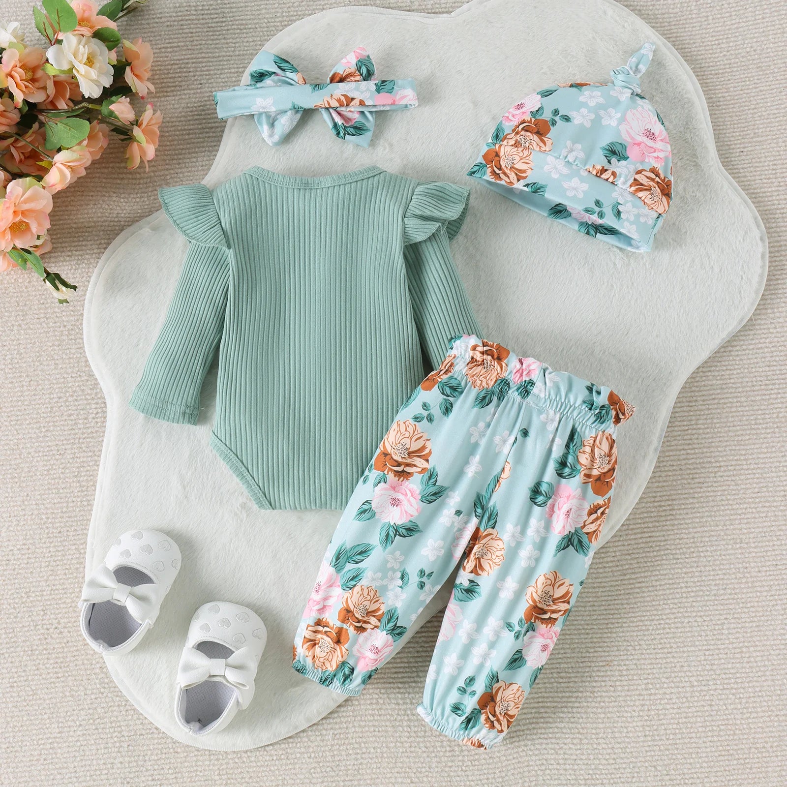 4PCS Autumn From 0 To June, Newborn Boys And Girls, Comfortable Casual Letter-Printed Pit Strip Top + Trousers + Hair Band Hat