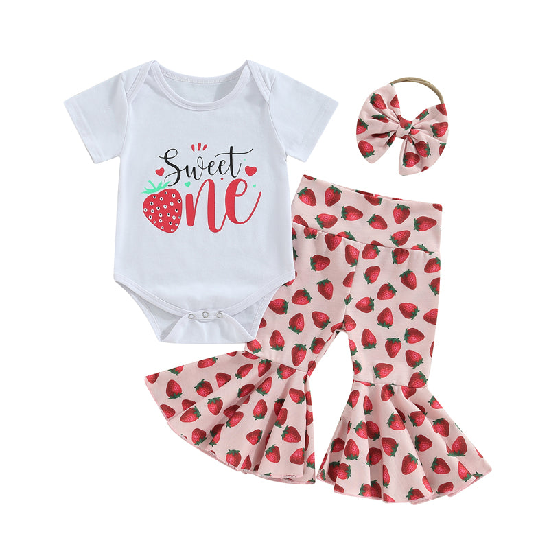 3Pcs Baby Girls Clothes Summer Suit Letter Print Short Sleeve Crew Neck Rompers Strawberry Print Flare Pants Headband Set